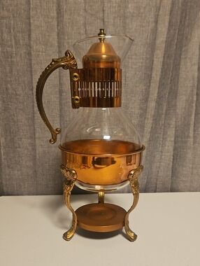 Princess House Copper-Tone Glass Coffee Carafe W/Server  Ornate Handle/Stand